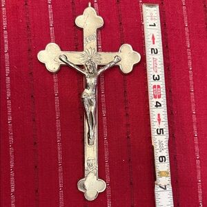 Antique Silver plated Budded Crucifix 7” Pendant w Golgotha Skull & Crossbones